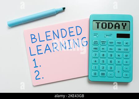 Conceptual caption Blended Learning. Conceptual photo combines traditional classroom lessons with online teaching Stock Photo