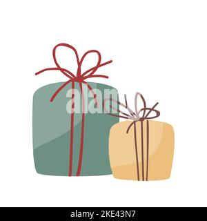 Two gift boxes decorated with craft rope. Red and yellow color. Hand drawn doodle Christmas presents set isolated on white background Stock Vector