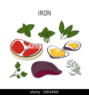 Iron-containing food. Groups of healthy products containing vitamins and minerals. Set of fruits, vegetables, meats, fish and dairy Stock Vector