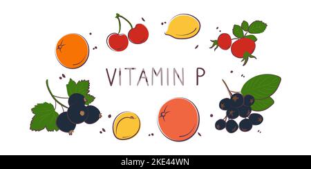 Vitamin P bioflavonoids. Groups of healthy products containing vitamins and minerals. Set of fruits, vegetables, meats, fish and dairy. Stock Vector