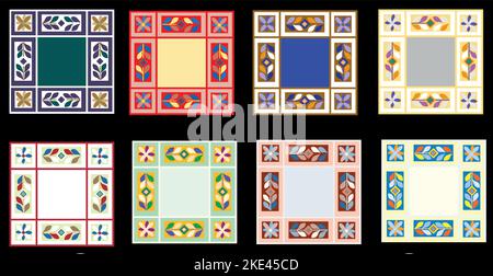 Set of colorful Italian ceramic tiles with floral decoration. Vintage design, frame for text. Stock Vector