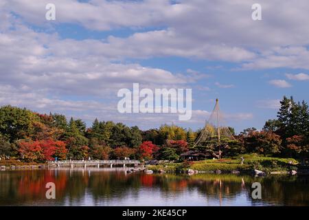 Showa Kinen Koen, an autumn scenic panorama from a tea house in tokyo with blue sky, red and brown leaves reflection on a lake outdoor sunday stroll Stock Photo