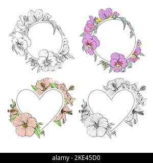 Elegant hand drawn round floral frames set. Doodle pansy and hibiscus flowers frames Stock Vector