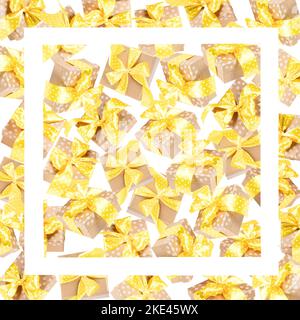 Creative advertising background for any holiday shopping, sales with lot of gift boxes from craft papers decorated with yellow polka dot ribbons and b Stock Photo