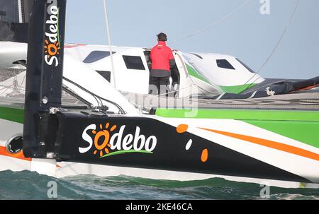 IMOCA INITIATIVES COEUR Skipper Samantha Davies during the Route du Rhum-Destination Guadeloupe 2022, solo transatlantic race, Saint-Malo - Guadeloupe (6,562 kilometres) on November 9, 2022 in Saint-Malo, France. Photo by Laurent Lairys/ABACAPRESS.COM Stock Photo