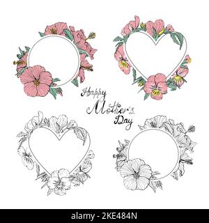 Elegant hand drawn round and heart shape floral frames set. Doodle pansy and hibiscus flowers monochrome and colorful frames Stock Vector