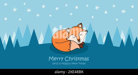 christmas greeting card with cute fox on snowy winter landscape Stock Vector