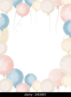 Watercolor happy Birthday Card with air Balloons. Hand painted Frame on isolated background in pastel pink and blue colors. Template for greeting cards or invitations. Design for party or event. Stock Photo