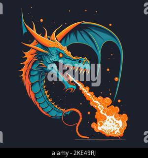 A colourful illustration of a dragon spitting fire Stock Vector