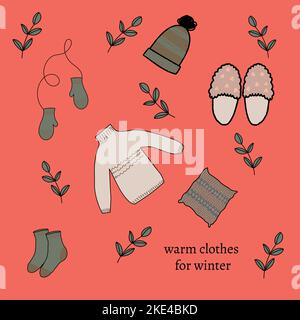 warm clothes for winter, hats sweater socks Stock Vector
