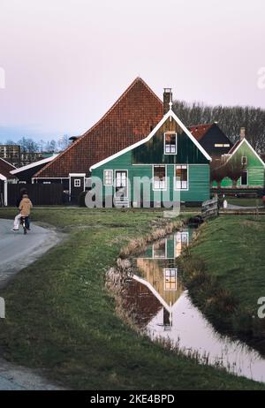 Windmills and Houses of Zaanse Schans in The Netherlands Amsterdam Sunset  Stock Photo