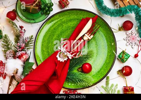 Traditional Christmas table place setting. Stock Photo