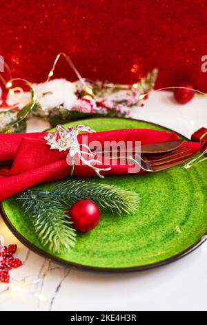 Traditional Christmas table place setting. Stock Photo