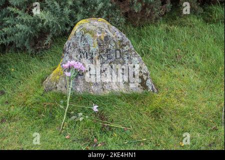 The image is of Clan Stone memorials at Culloden Moor battlefield near Inverness Stock Photo
