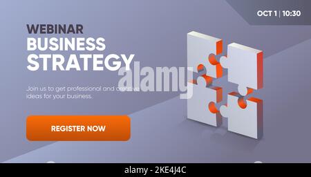 Business strategy webinar social media post template with a 3d puzzle illustration. Background and illustration for social media, banner design in vector.  Stock Vector