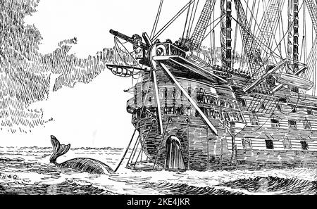 H.M.S. Agamemnon Laying the Atlantic Telegraph Cable in 1858: a Whale Crosses the Line. After Robert Charles Dudley (1826-1909). In 1857, the British government fitted out Agamemnon to carry 1,250 tons of telegraphic cable for the Atlantic Telegraph Company's first attempt to lay a transatlantic telegraph cable. Although this initial cable attempt was unsuccessful, the project was resumed the following year and Agamemnon and her U.S. counterpart, USS Niagara, successfully joined the ends of their two sections of cable on 29th July 1858. Stock Photo