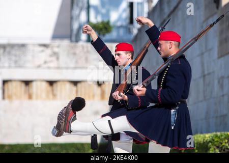 Athens, Greece. 10th Nov, 2022. Changing of the Evzoni Guards at the Memorial of the Unknown Soldier outside the Greek Parliament. (Credit Image: © Giannis Papanikos/ZUMA Press Wire) Stock Photo