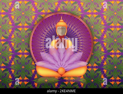 Buddha sitting in meditation over Golden Mandala, esoteric purple lotus vector illustration. Vintage sacred culture background. Indian, Buddhism Stock Vector