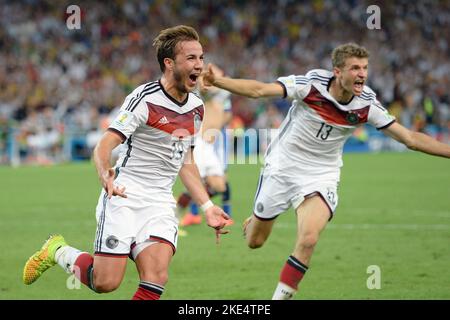 World Cup hero 2014 Mario Goetze in the squad for the World Cup in Qatar. archive photo; goaljubel Mario GOETZE;Gâ? TZE (GER) after goal to 1-0, jubilation, joy, enthusiasm, action, hi:Thomas MUELLER (Mâ?LLER) (GER). Germany (GER))-Argentina (ARG) 1-0 aet final, final, game 64, on July 13th, 2014 in Rio de Janeiro. Soccer World Cup 2014 in Brazil from 12.06. - 07/13/2014. Stock Photo