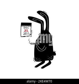 Cartoon black rabbit smokes a cigarette and hand drawn of calendar page. Angry and nervous hare. Symbol of 2023 Stock Vector