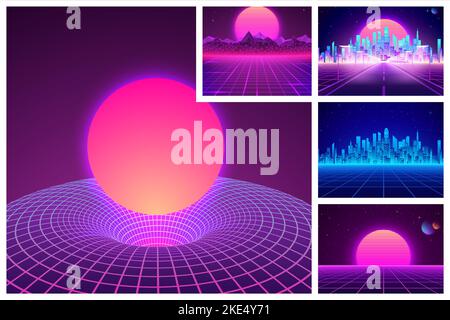 Set of retro futuristic backgrounds in neon colors. Rave party flyer design template in 80s style. Retro cityscape, mountain landscape sunset skyline. Stock Vector