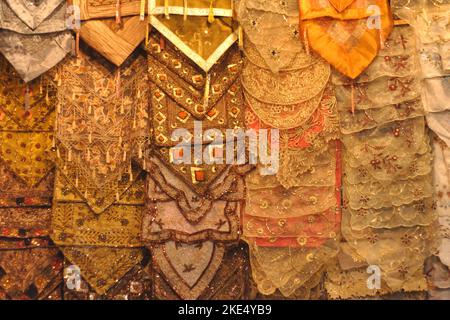 Textiles for sale in the Al Hamidiyah Souk, Suq al Hamidiyah, Damascus, Syria Stock Photo