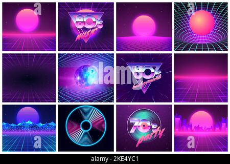 Retro futuristic background in 1980s style. Set of retro illustration for wallpaper or vinyl cover design. Vector illustration Stock Vector