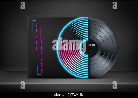 Mock up of vinyl record cover in retro neon colors. Old music album template. Vintage vinyl disk. Vector illustration Stock Vector