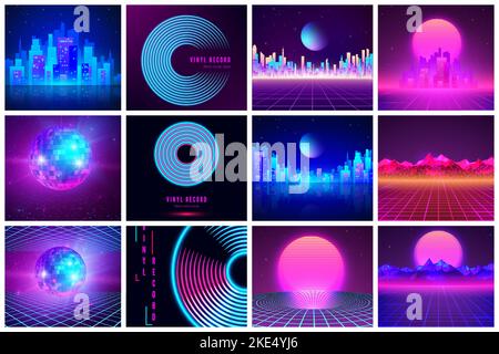Set of retro illustration 80s. Mirror ball, vinyl record and futuristic landscape. Vector Stock Vector