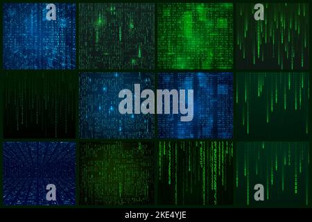 Set of data stream in matrix style. Abstract binary information. Encoded digital data cyber security concept. Sci fi futuristic background. Vector ill Stock Vector