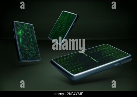 Set of 3D mobile phone with binary data stream in matrix style on screen. Abstract sci fi futuristic phone wallpaper mockup. Encryption and digital da Stock Vector