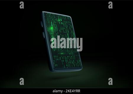 3D mobile phone with binary data stream in matrix style on screen. Abstract sci fi futuristic phone wallpaper mock up. Vector illustration Stock Vector