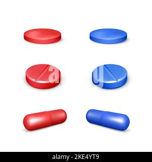 Set of red and blue pills in matrix style. 3D render medicine capsules and drugs. Vector illustration Stock Vector