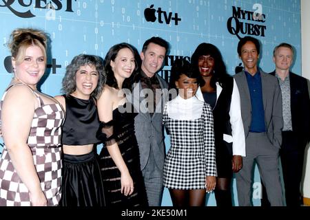 Los Angeles, CA. 9th Nov, 2022. Jessie Ennis, Ashly Burch, Charlotte Nicdao, Rob McElhenney, Imani Hakim, Naomi Ekperigin, Danny Pudi, David Hornsby at arrivals for MYTHIC QUEST Season 3 Premiere, Linwood Dunn Theater, Los Angeles, CA November 9, 2022. Credit: Priscilla Grant/Everett Collection/Alamy Live News Stock Photo