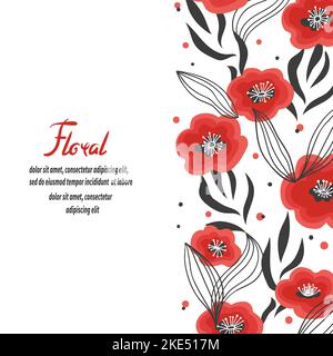 Red floral background with hand drawn poppies. Vector flower border Stock Vector