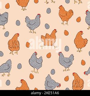 Seamless pattern with hens and eggs.  Easter vector illustration. Stock Vector