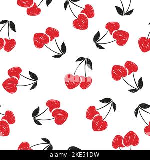 Seamless heart shaped cherry pattern, Doodle vector illustration. Stock Vector