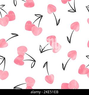 Seamless pink heart shaped cherry pattern, Valentine day illustration. Stock Vector