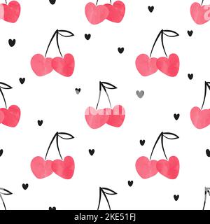 Seamless heart shaped cherry pattern, Valentine day illustration. Stock Vector