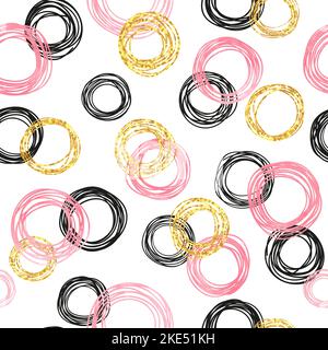 Seamless pattern with pink, black and golden circles. Vector abstract background with doodle round shapes. Stock Vector