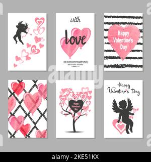 Set of Valentine's day greeting cards with hearts and cupids. Love vector illustration. Stock Vector
