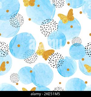 Abstract blue circles pattern with golden butterflies. Stock Vector