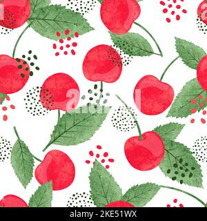 Seamless cherry pattern. Vector watercolor illustration of berries and leaves. Stock Vector