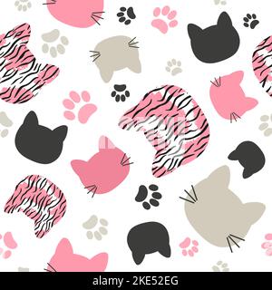 Seamless vector pattern with cats heads and tiger print for kids Stock Vector