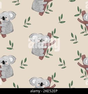 Cute cartoon koala bears pattern. Seamless vector illustration for kids. Stock Vector