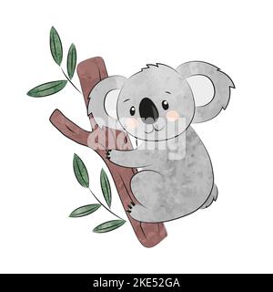 Cute cartoon koala isolated on white. Vector watercolor illustration. Stock Vector