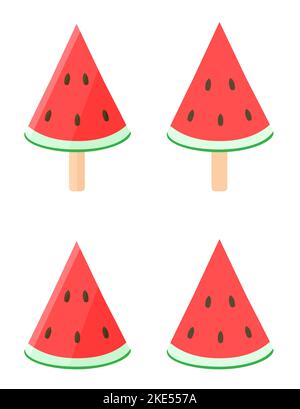 Slices of watermelon on a stick. on a white background. Slices of delicious watermelon with seeds. Fruit ice cream. Vector Stock Vector
