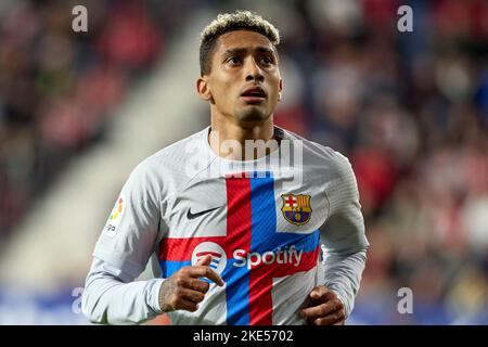 Pamplona, Spain. 09th Nov, 2022. Raphael Dias Belloli known as Raphinha (forward; FC Barcelona) celebrates a goal during the Spanish football of La Liga Santander, match between CA Osasuna and FC Barcelona at the Sadar Stadium.(Final score; CA Osasuna 1:2 FC Barcelona) (Photo by Fernando Pidal/SOPA Images/Sipa USA) Credit: Sipa USA/Alamy Live News Stock Photo