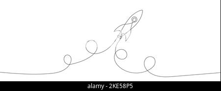 One continuous line drawing of spacecraft. Vector illustration. Rocket space ship launch. Spacecraft one line background. Stock Vector