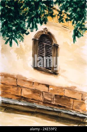 Small ancient window on wall. Watercolor on paper. Stock Photo